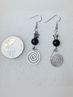 ✨Handmade✨ Silver-Tone Floral Spiral Earrings w/ Blue Beads - Hypoallergenic
